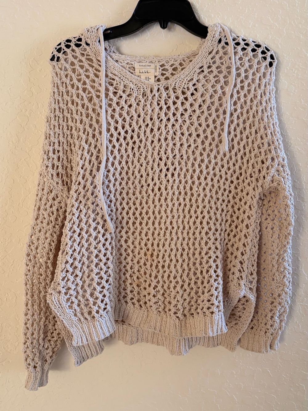 Nicole Miller Atelier Open-Weave Scoop-Neck Sweater in Light Beige